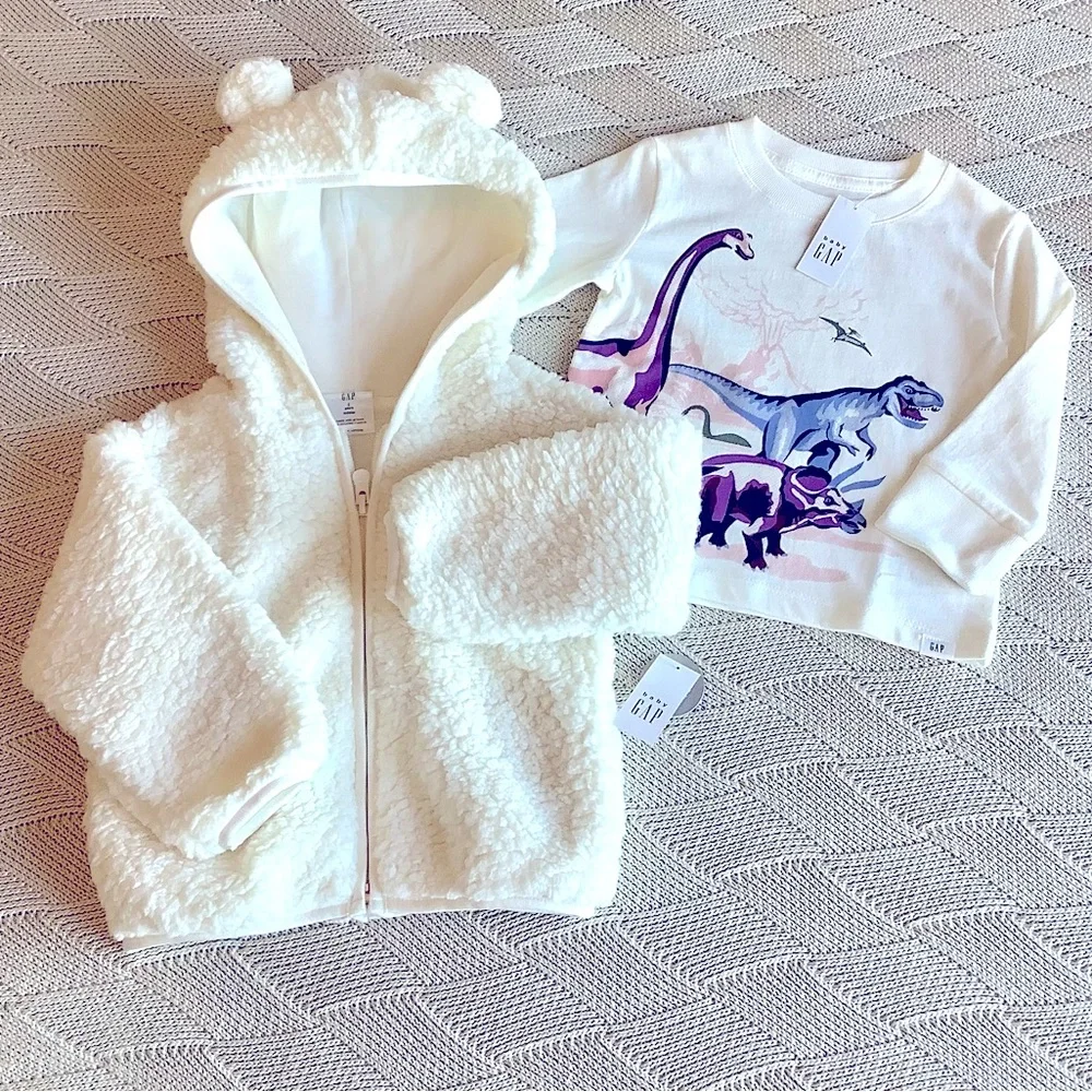 NWT GAP TODDLER SHERPA BEAR JACKET + DINOSAUR T-SHIRT